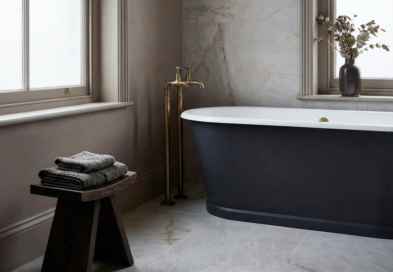 Dark blue freestanding bathtub with polished brass faucet and gold-toned drain from developers edit collection.