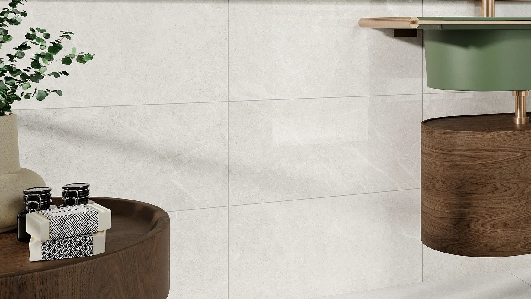 Cream-colored marble-effect wall tiles with subtle veining from the capitol collection for elegant interiors