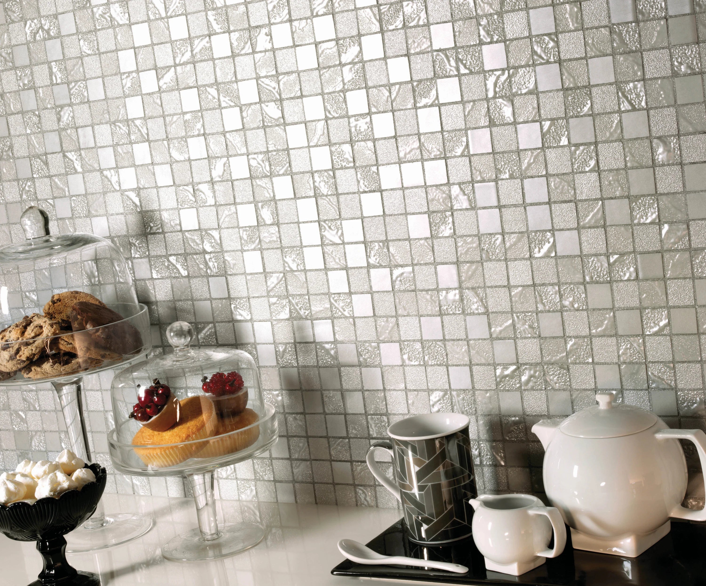 Silver textured square mosaic tile wall from four seasons mosaic collection with metallic finish and modern design