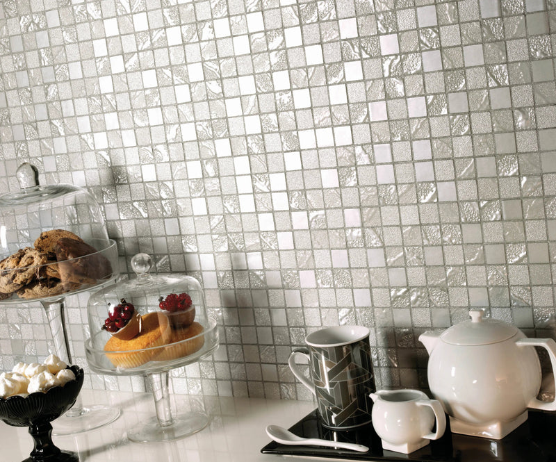 Silver textured square mosaic tile wall from four seasons mosaic collection with metallic finish and modern design