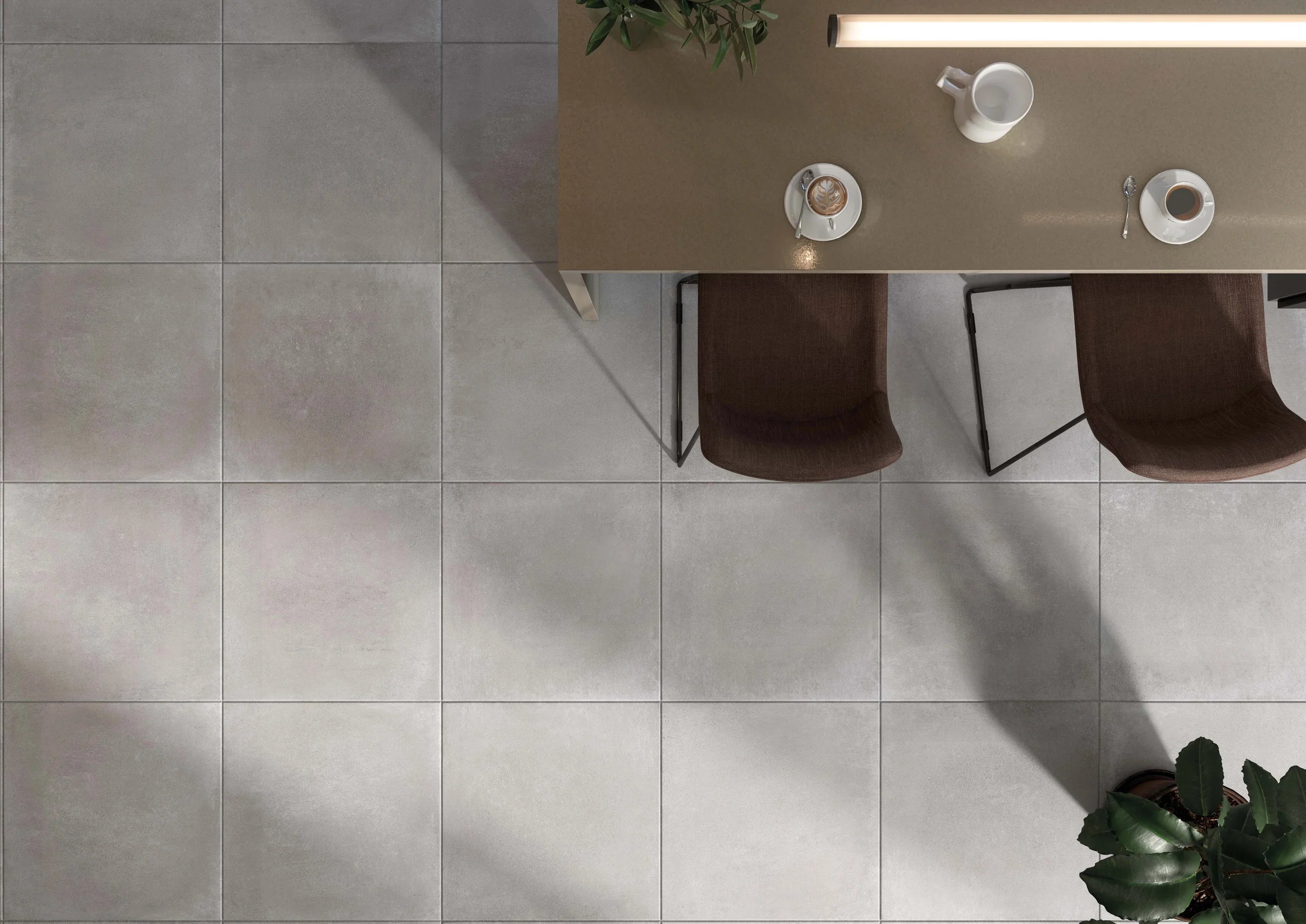 Light gray matte-finish ceramic floor tiles from beton collection with subtle texture and clean grout lines