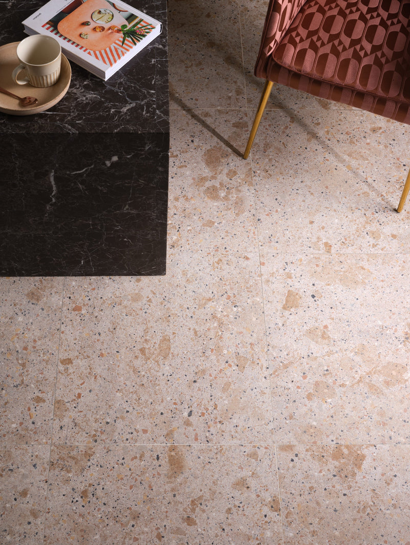 Beige terrazzo pumice porcelain floor tiles with brown and gray speckled patterns for durable indoor use