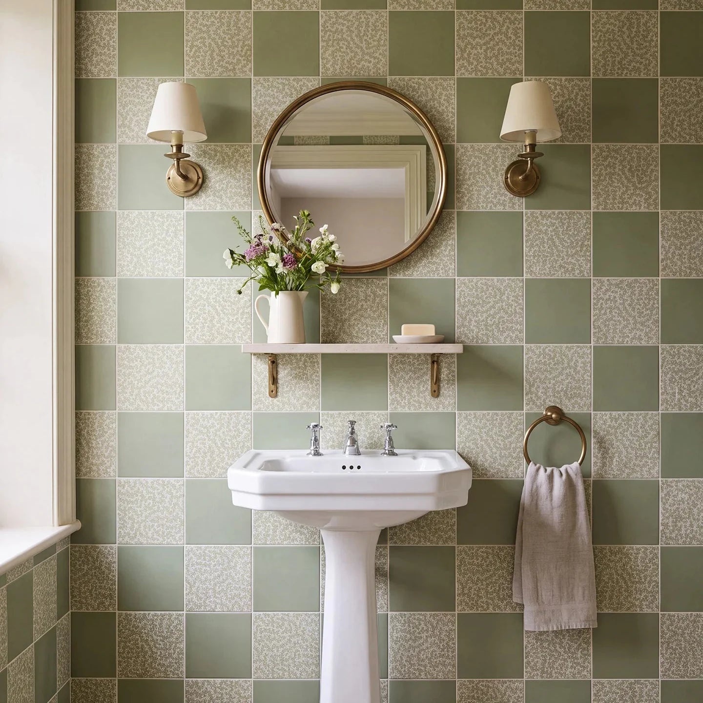Sanderson Truffle and Sage tiles in a checkerboard bathroom setting