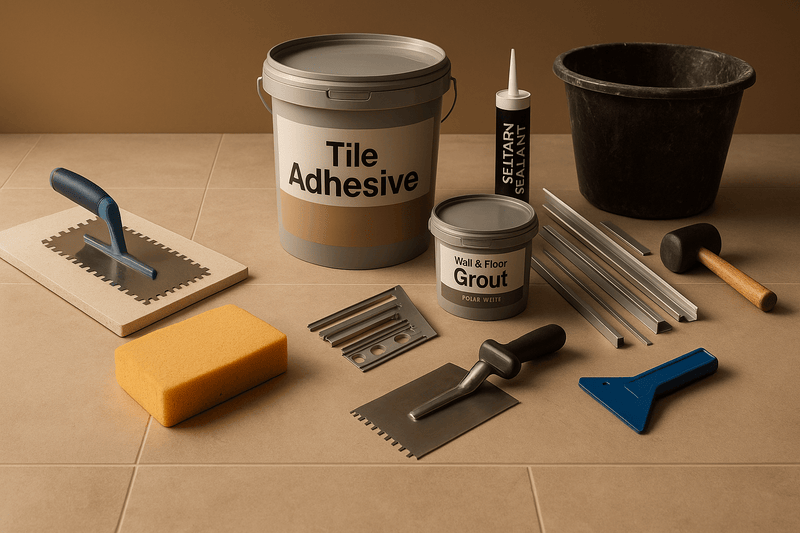Gray and beige tile adhesive bucket with white label for bonding ceramic tiles in ancillaries collection