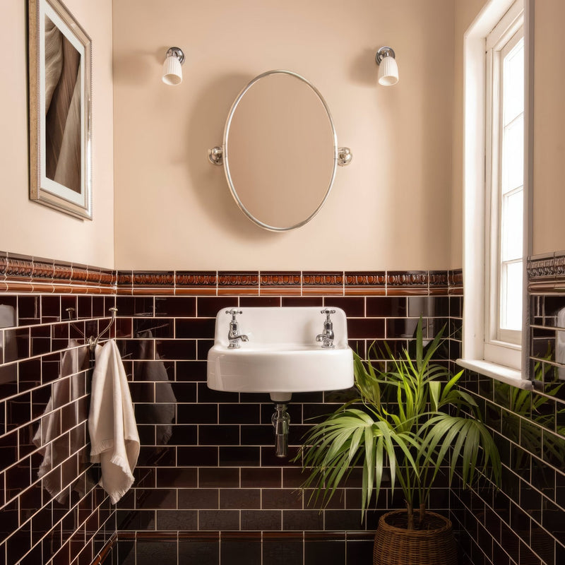 White ceramic wall-mounted sink with chrome faucets from artworks teapot brown collection for bathroom use