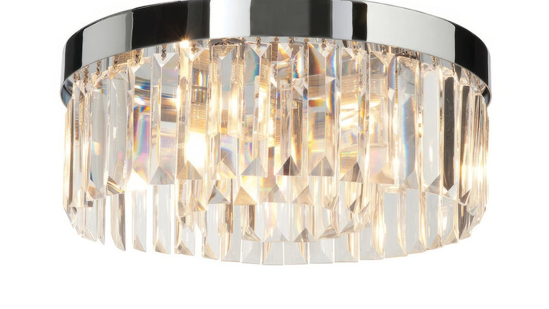 Chrome finished ceiling light with cascading clear crystal prisms for bathroom lighting collection