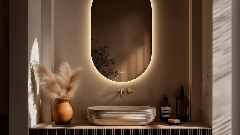 Modern oval bathroom mirror with warm backlight above a ribbed off-white ceramic sink and minimalist gold faucet