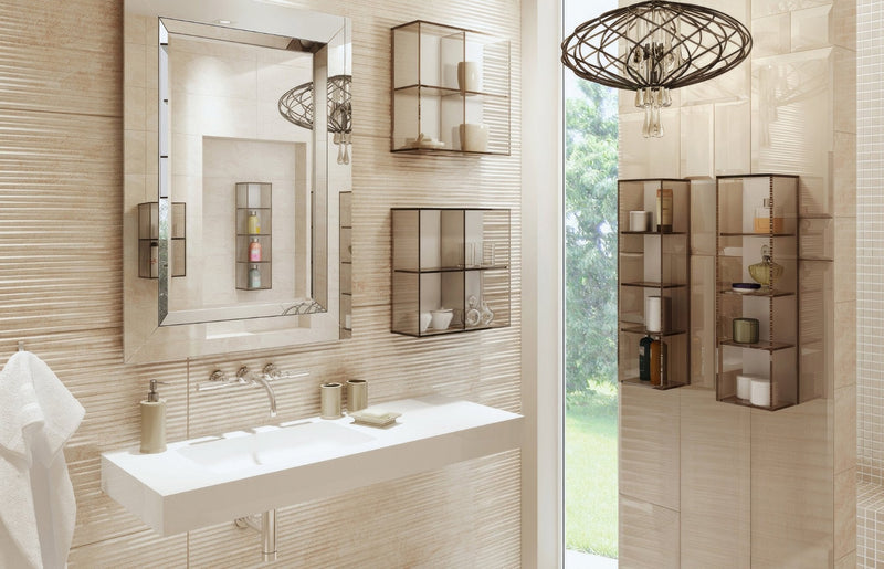 Modern rectangular mirror with sleek silver frame mounted above white sink in contemporary bathroom storage setting