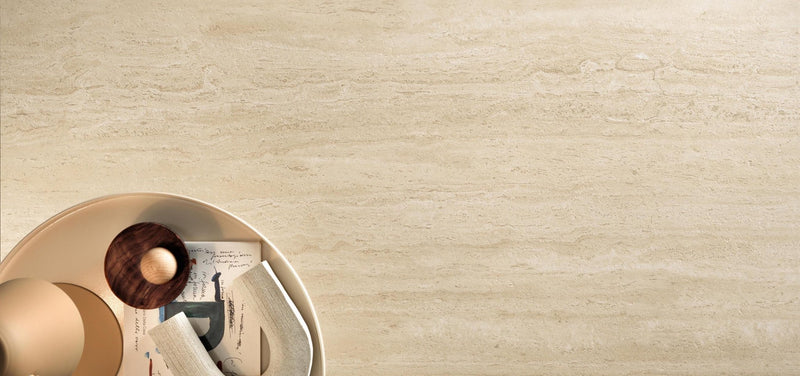 Beige marble-effect tabletop with subtle veining and smooth polished finish in beige floor tiles collection