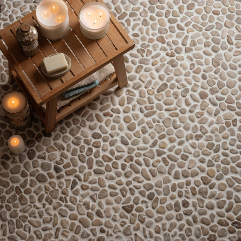 Beige and gray river rock mosaic tile flooring showcasing natural stone texture in the beige tiles collection