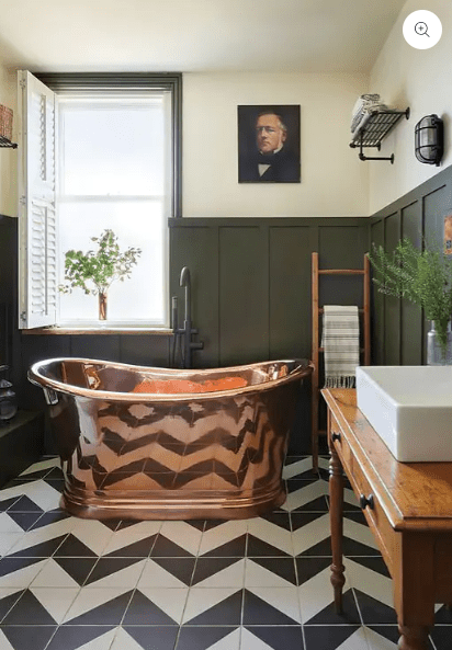 A copper bathtub with a distinctive chevron pattern in a black and white bathroom collection november 23
