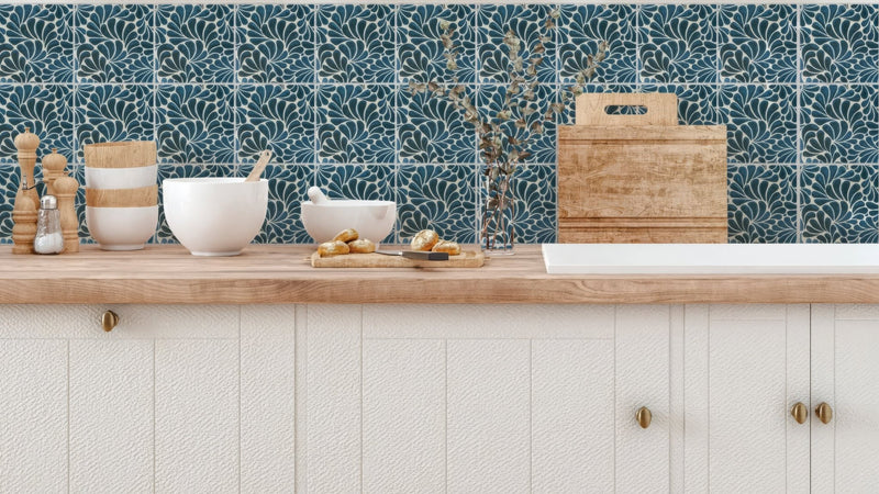 Wooden cutting board with a handle in a blue kitchen tiles collection ideal for chopping and serving tasks