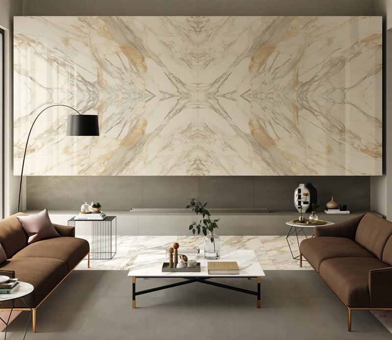 The wall adorned with large bookmatch porcelain tiles featuring creamy white and warm golden marble veining