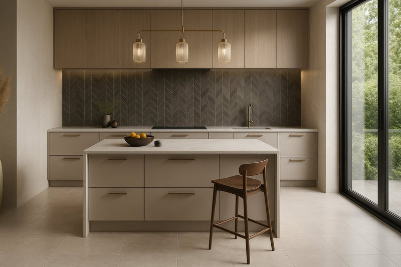 Modern kitchen island with sleek light beige cabinetry and white countertop in a trusted brands collection