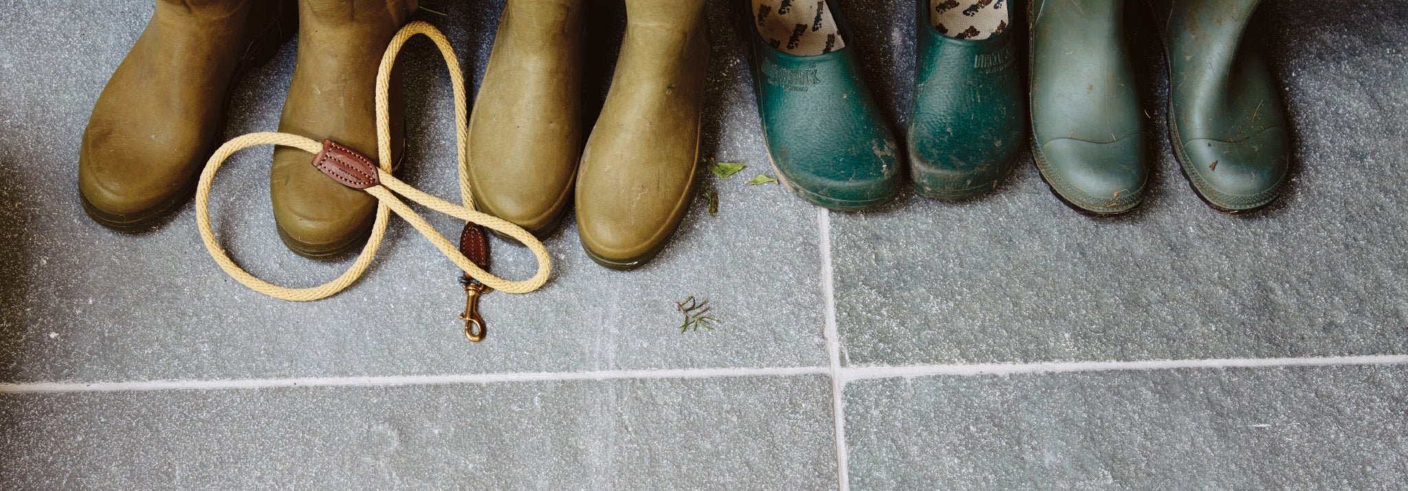 A beige leather leash with a brown strap and metal clasp coiled on the floor from the castleford collection