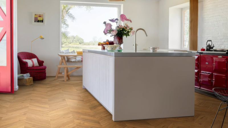 White kitchen island with sleek modern design and smooth matte finish featured in chevron kitchen tiles collection