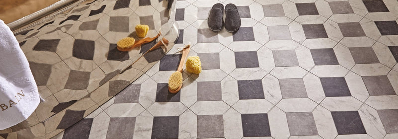 Black and white geometric porcelain tile floor with alternating square pattern from chiesa porcelain collection