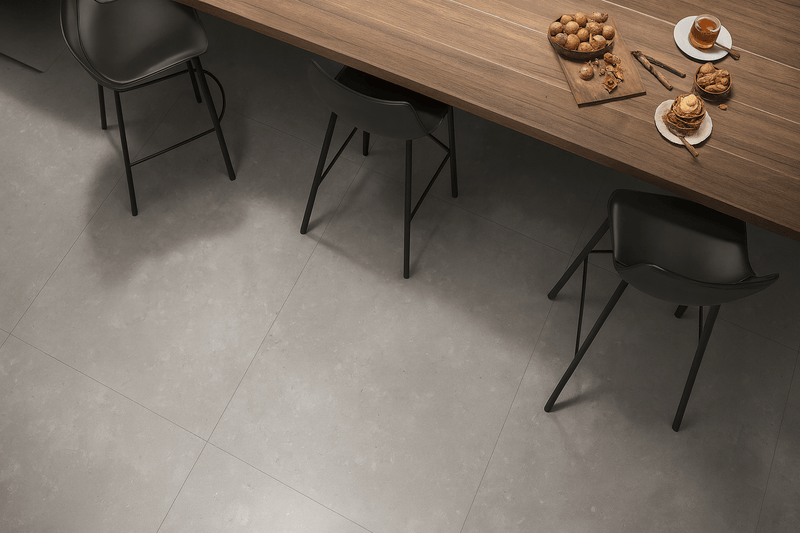 Modern black bar stools with sleek metal legs shown from the back on concrete effect floor tiles display