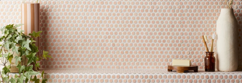 Pink hexagonal ceramic mosaic tile backsplash from the copenhagen tiles collection for kitchen walls