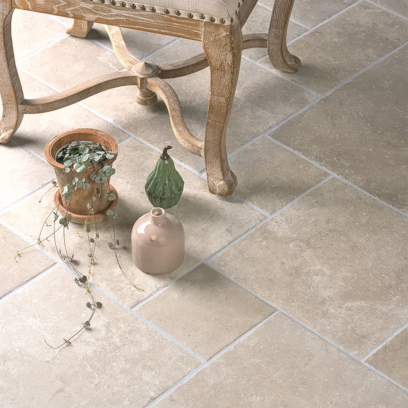 Beige stone porcelain tiles with a subtle textured finish from the cotehele porcelain collection