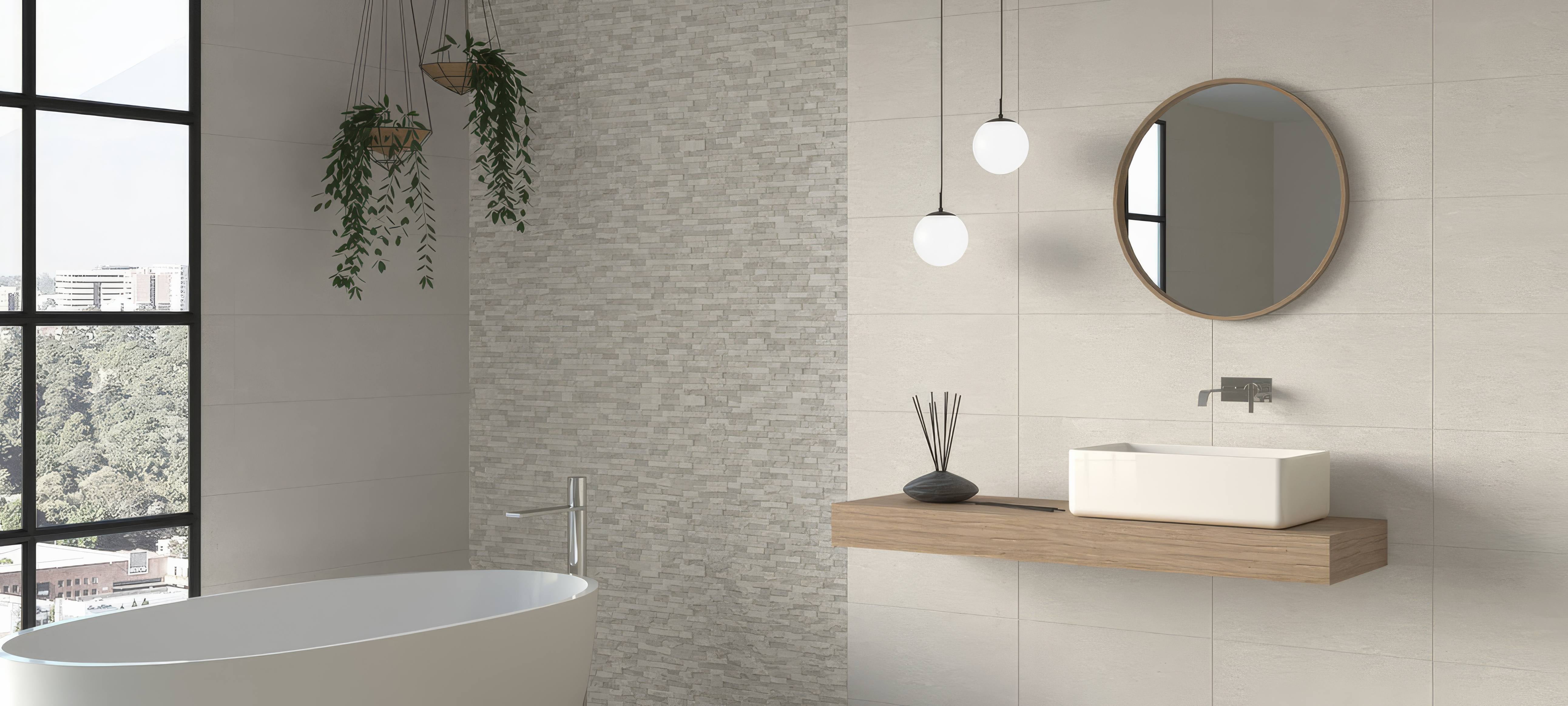 White rectangular vessel sink with minimalist design mounted on a floating wooden shelf from the Dafne collection