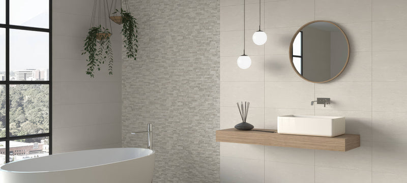 White rectangular vessel sink with minimalist design mounted on a floating wooden shelf from the Dafne collection