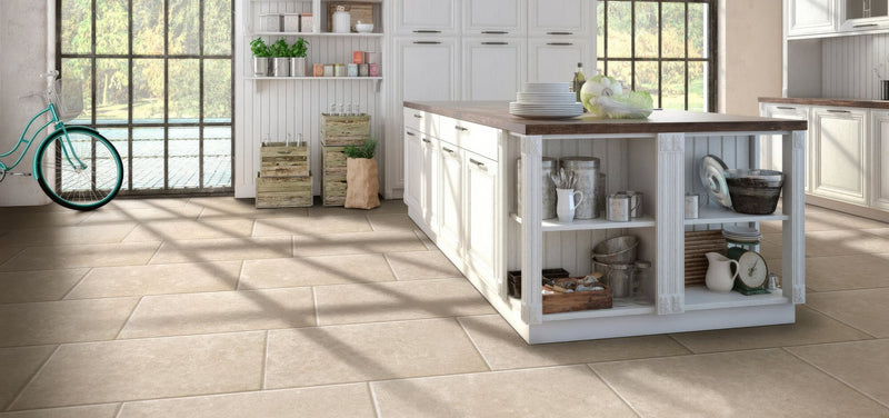 Beige rectangular kitchen floor tiles with subtle matte finish from dijon porcelain tiles collection