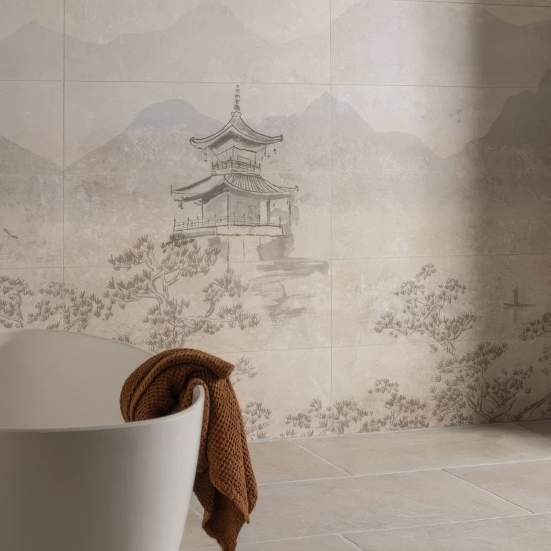 Beige ceramic wall tiles with ink-wash illustration of east asian pagoda among misty mountains and pine trees eastern mist