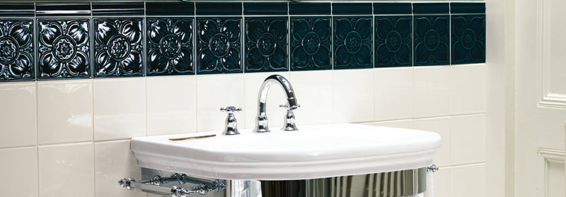 Classic style bathroom sink with chrome finish curved white porcelain basin and matching faucet from empress tiles collection
