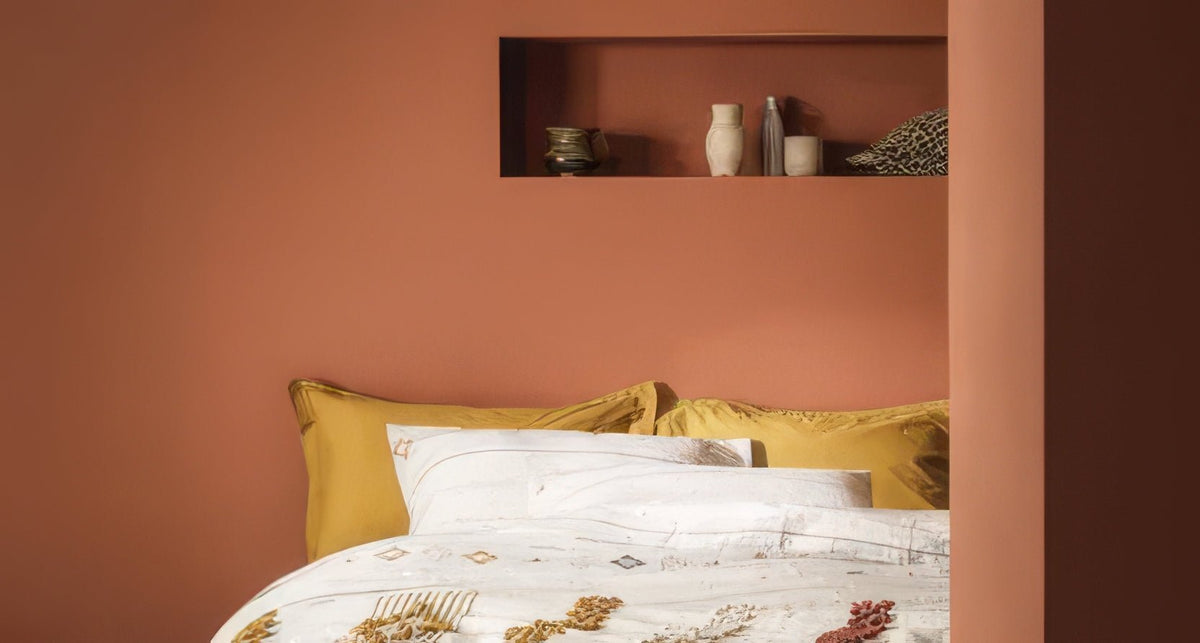 Yellow satin pillowcases with subtle geometric pattern from fired earth paint iconic colours and premium finishes collection