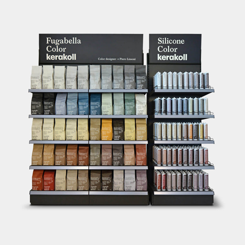 Fugabella color kerakoll paint in matte and glossy finishes displayed with matching silicone samples in fixing and finishing materials