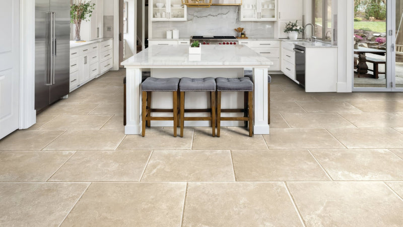 Beige stone-look kitchen floor tiles with subtle natural veining from the flagstone kitchen tiles collection