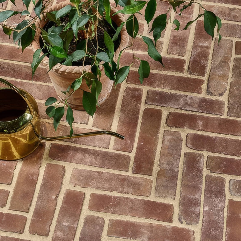A brass watering can with a long spout sits on a brick patio beside a plant on flanders tumbled clay pavers