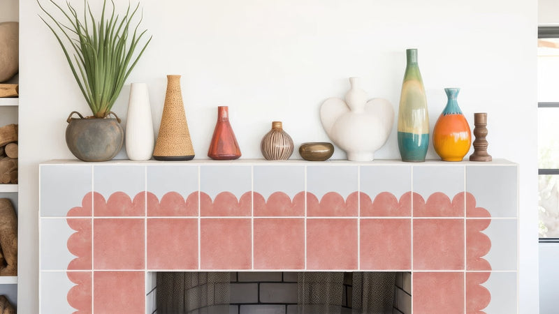 A collection of decorative vases in white terracotta teal and orange ceramic and woven textures titled Hand Painted Tiles.