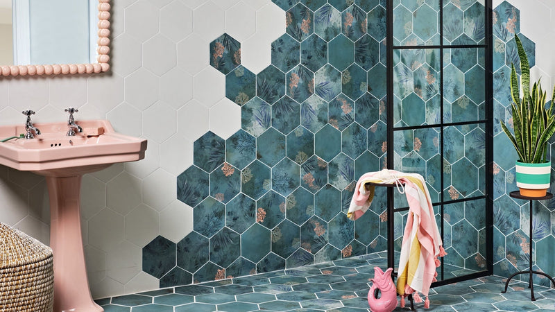 Teal hexagonal ceramic wall tiles with subtle botanical pattern for decorative wall and floor use