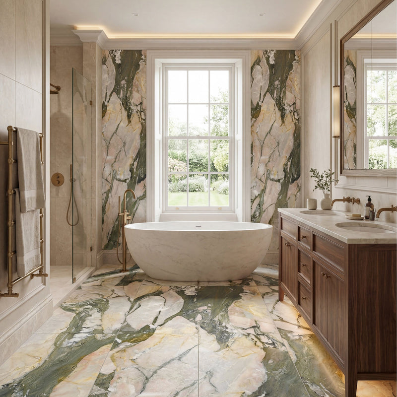 Freestanding white marble bathtub with gold-toned fixtures from the hoxton porcelain collection