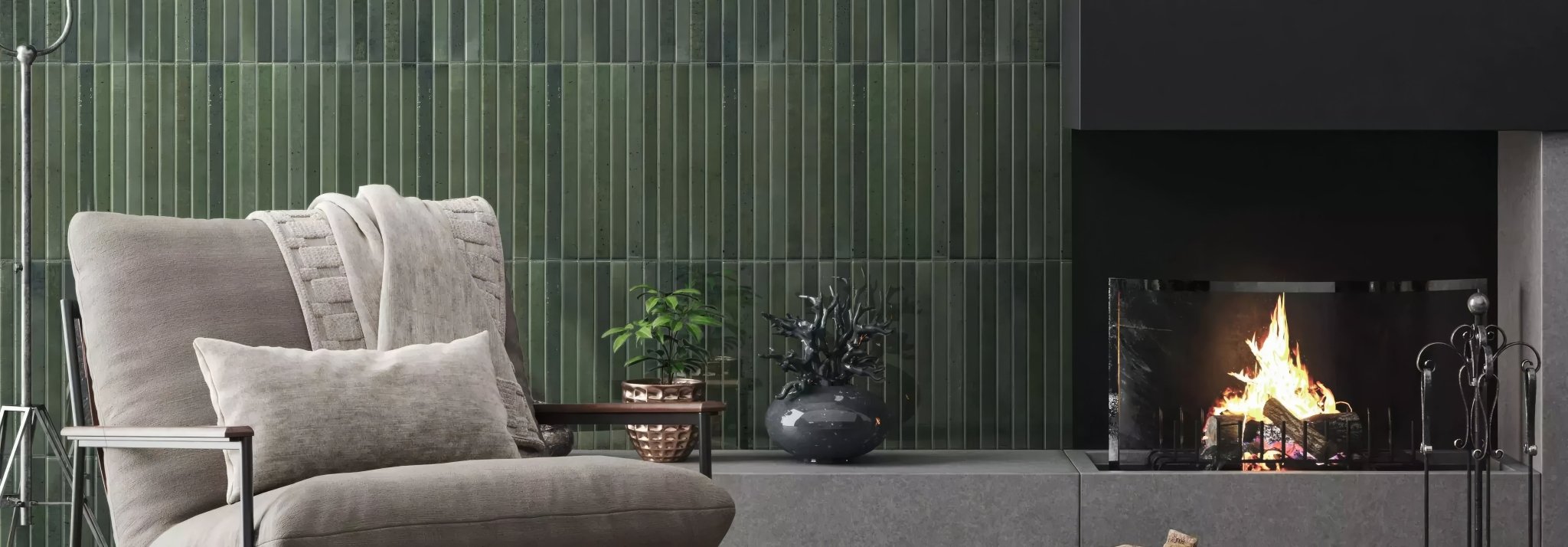 Gray upholstered armchair with metal frame and textured throw blanket from the ixworth tile collection