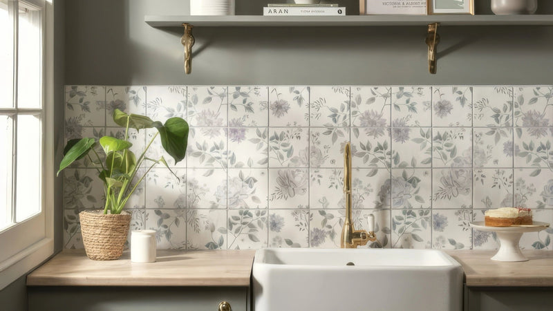 White farmhouse sink with gold faucet and matching gold shelf brackets in kitchen wall tiles collection