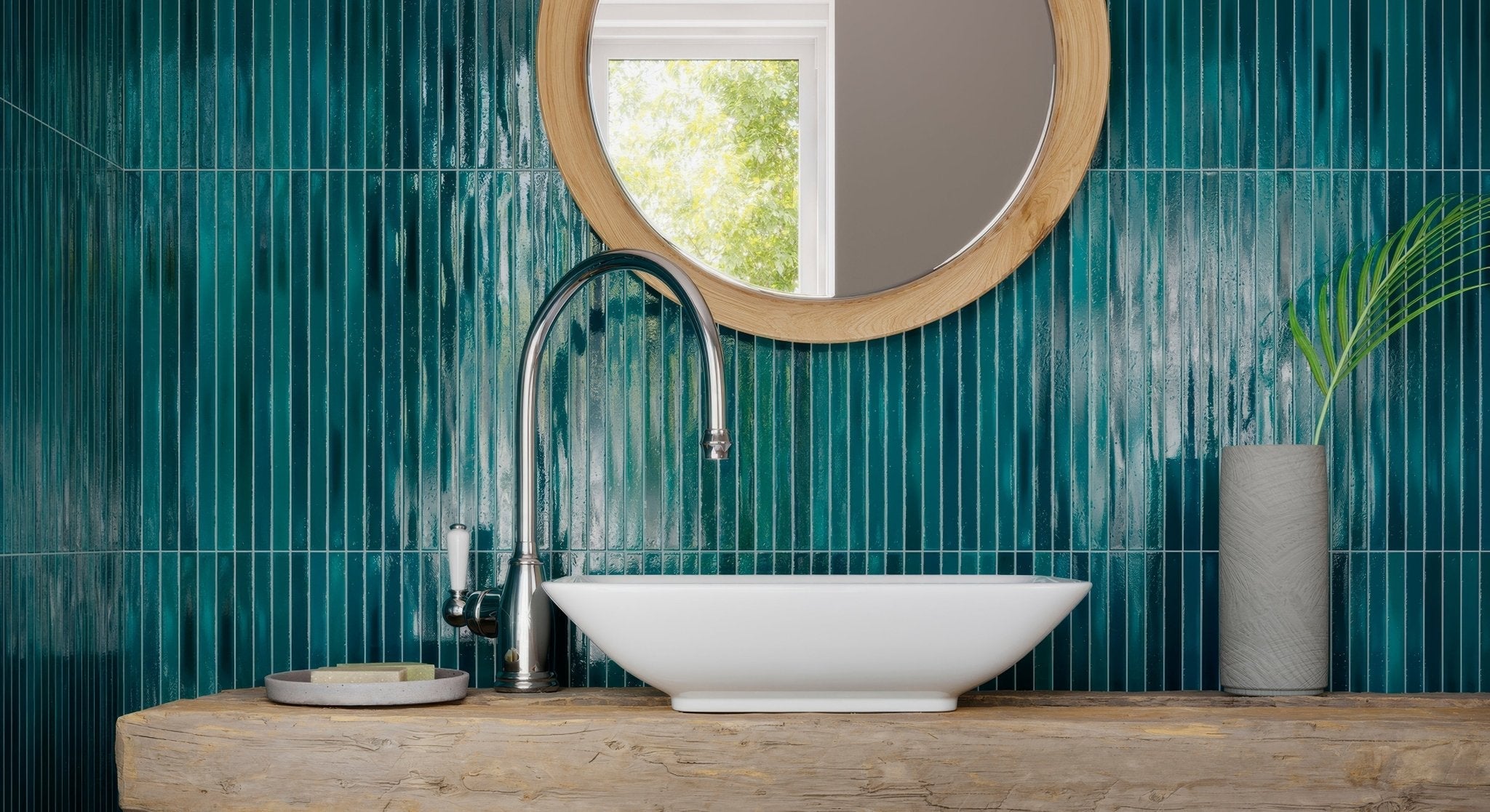 White ceramic vessel sink with curved sleek faucet and polished chrome finish from koeda xl mosaic collection