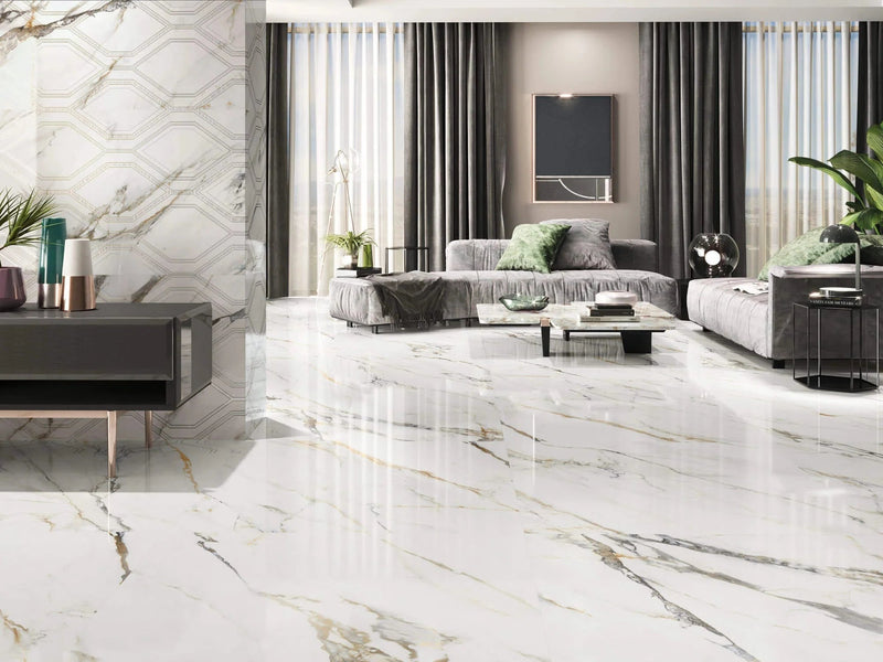 White marble-effect large floor tiles with subtle gray and gold veining for elegant flooring use