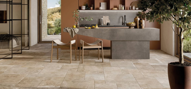 Beige stone-look kitchen island with matte concrete finish and integrated sink from Lincoln Opus Pattern Collection