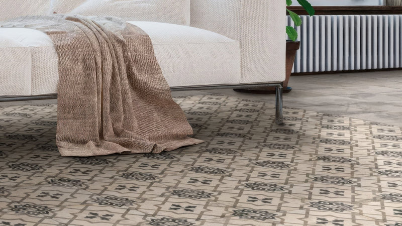 Beige and dark gray geometric patterned ceramic floor tiles for living room flooring collection
