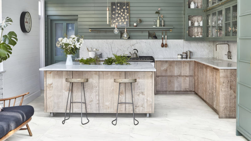 The kitchen island features light weathered wood finish LVT kitchen tiles with visible grain and texture.