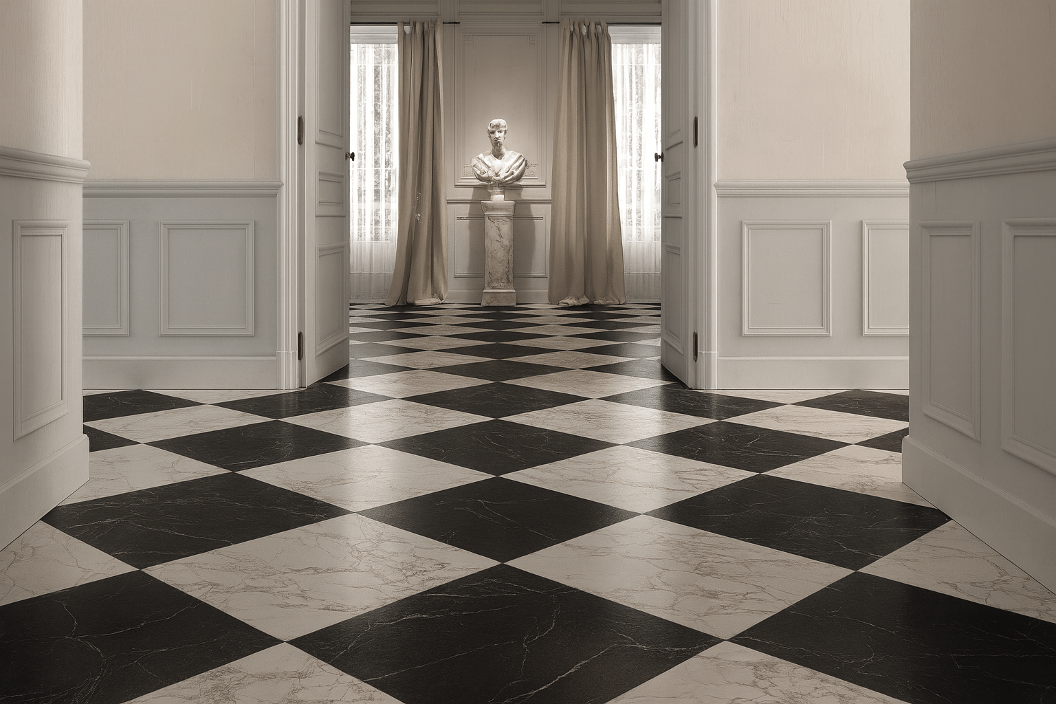 Black and white marble effect floor tiles featuring a checkered pattern for elegant indoor flooring designs
