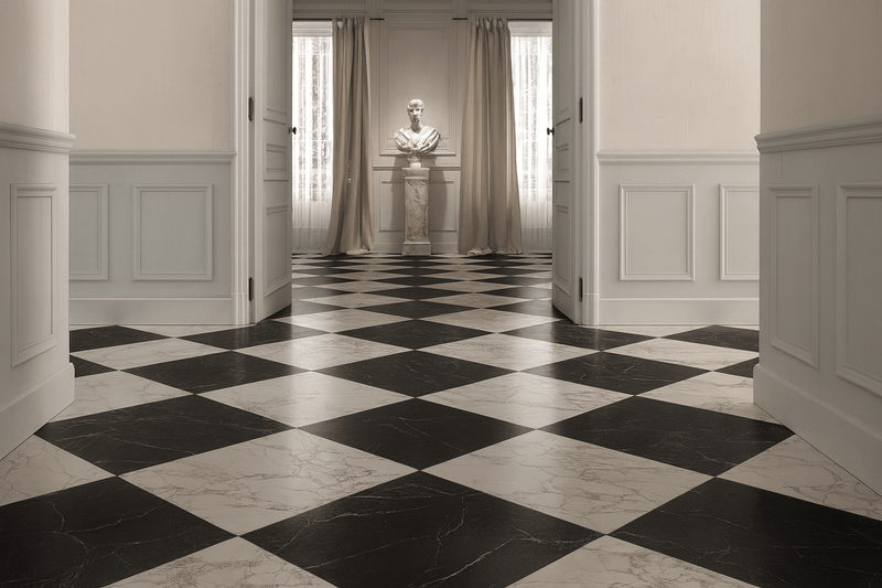 Black and white marble effect floor tiles featuring a checkered pattern for elegant indoor flooring designs