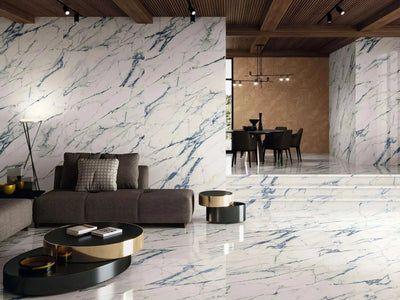 White and blue marble effect floor tiles with glossy finish in marble effect tiles collection