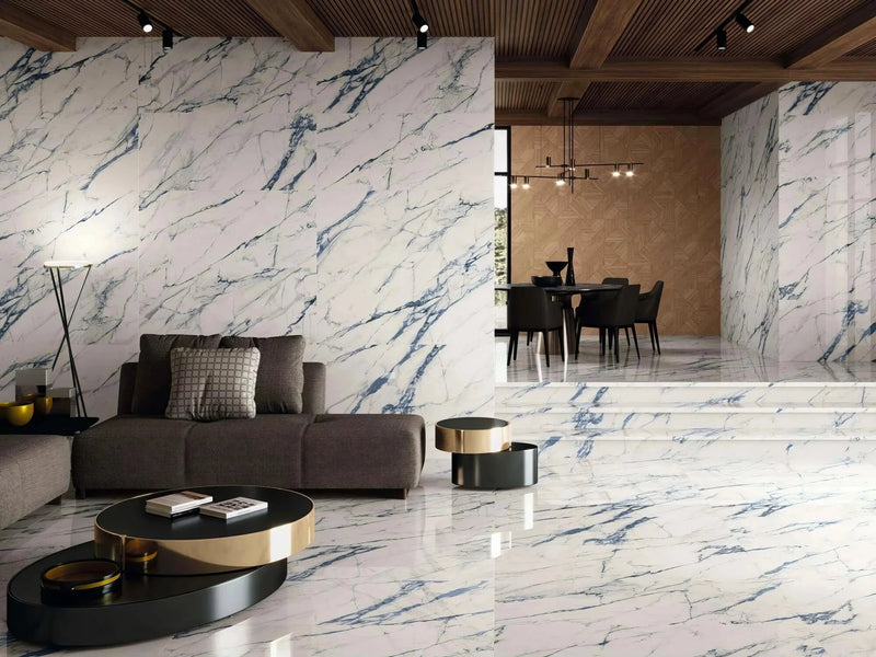 White and blue marble effect floor tiles with glossy finish in marble effect tiles collection