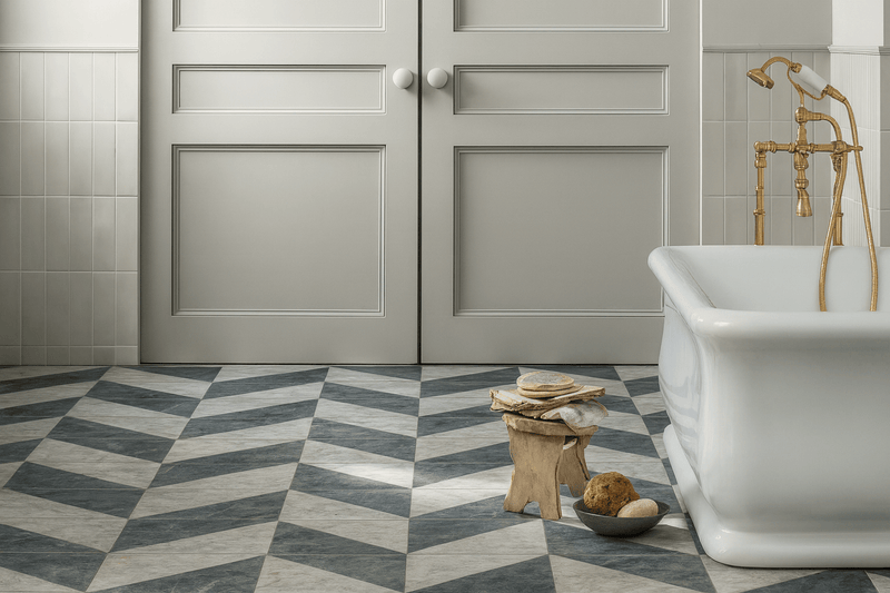 White clawfoot bathtub with gold-toned faucet and showerhead on marble floor tiles in a bathroom setting