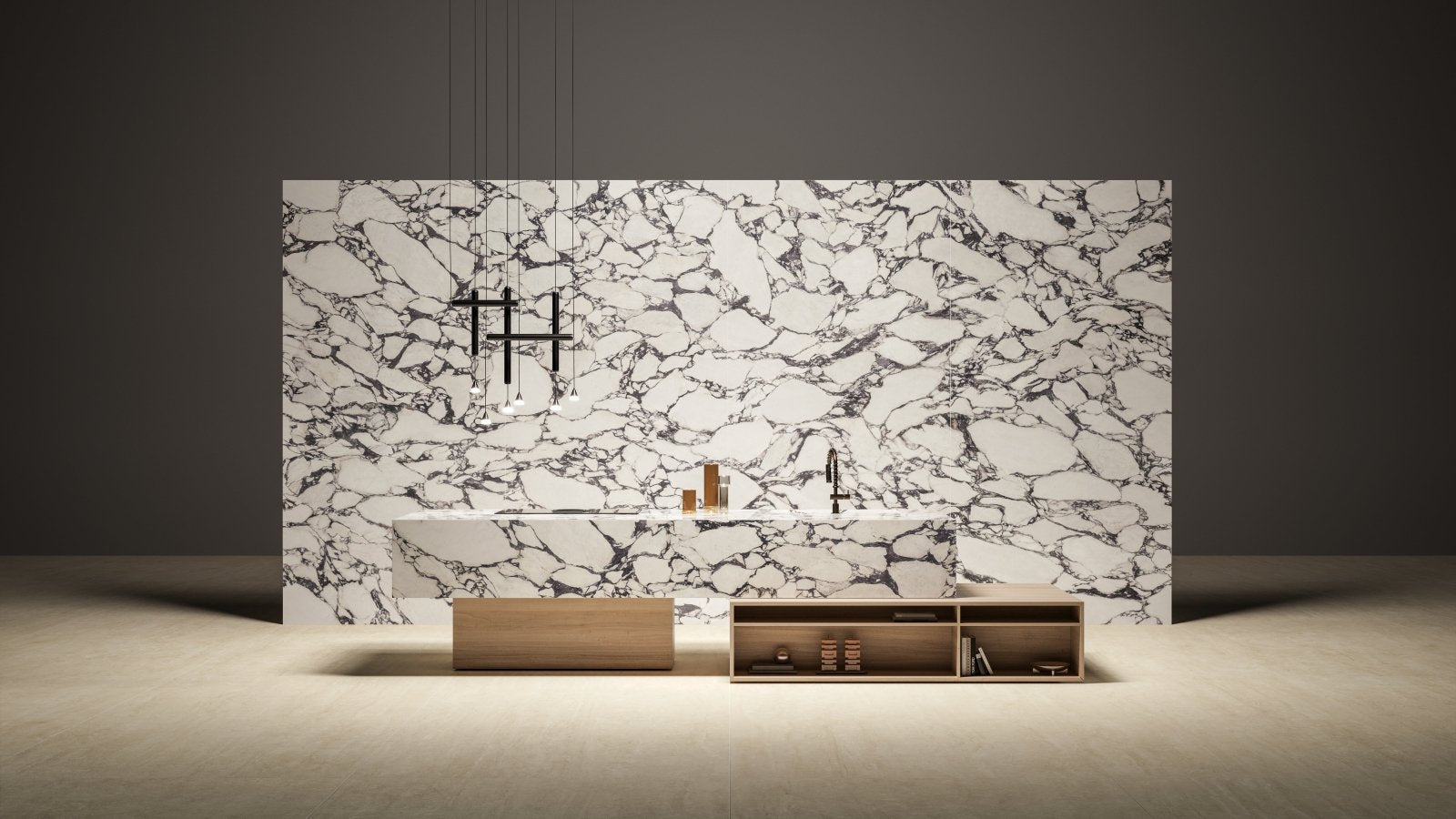 Modern white marble vanity with black veining and minimalist wooden base from the marvel epic collection