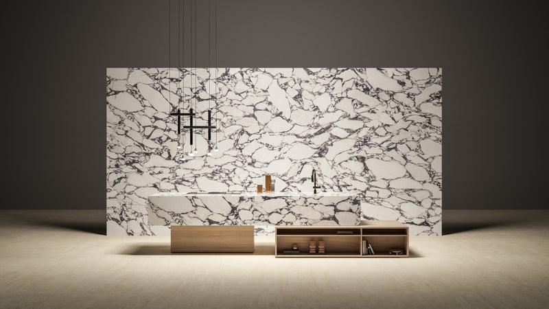 Modern white marble vanity with black veining and minimalist wooden base from the marvel epic collection